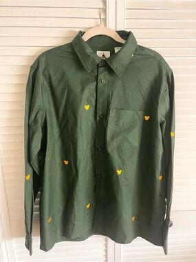 Disney Green Button-Down Shirt with Yellow Mickey Embroidery
